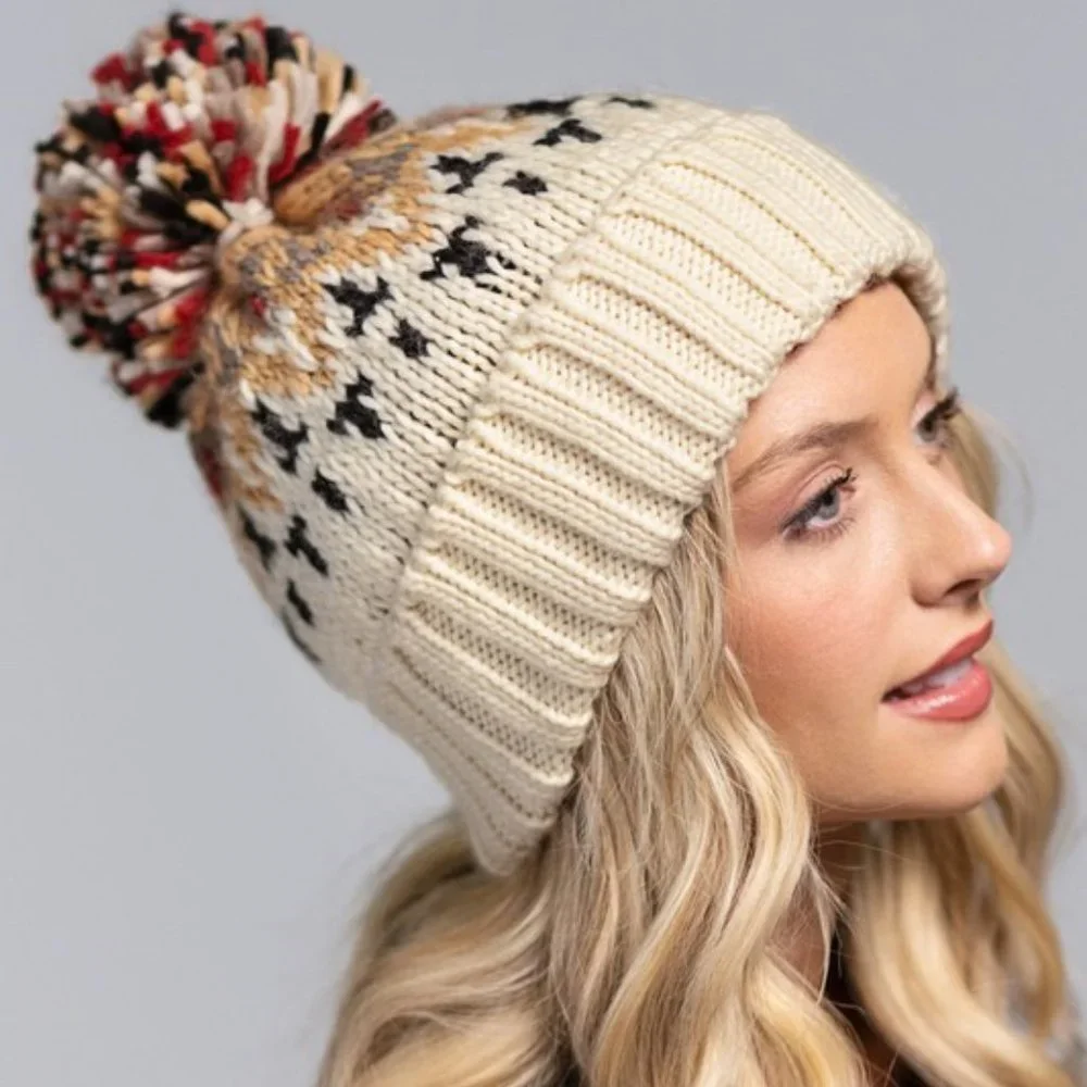 ๐ Cream / Mustard Multicolor Knit Beanie with Cute Multicolor Pom-Pom ๐ - Picture 1 of 7